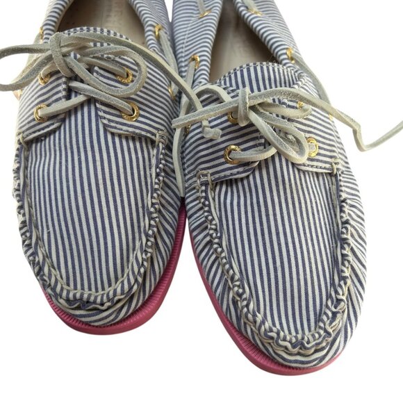 j. crew Sperry Topsider blue white engineer stripe non marking pink soles shoes - Picture 5 of 8